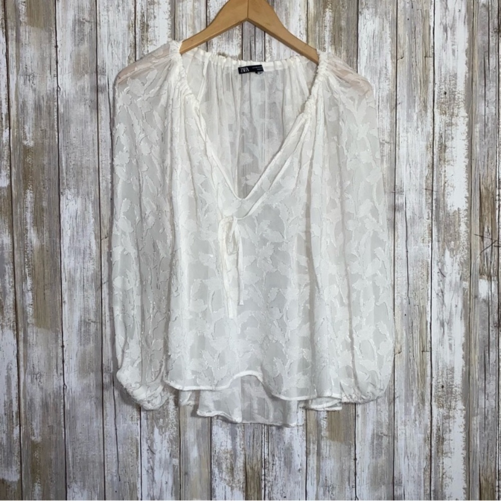 Zara White Sheer Floral Blouse